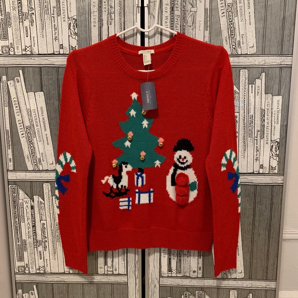 Christmas Crewneck Sweater Red S Snowman Pom Tree